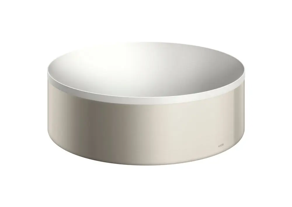 Rundes Waschbecken aus Edelstahl-Optik ohne Hahnloch und Überlauf, mit einer glatten, hellen Innenfläche. Produktelement von AXOR.